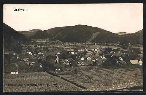 AK Gratwein, Ortsansicht gegen eine Berglandschaft