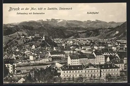 AK Bruck an der Mur, Ortsansicht mit Schlossberg und Restauration sowie Rudolfspital