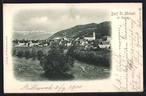 AK St. Michael ob Leoben, Ortsansicht mit einer Kirche gegen die Alpen