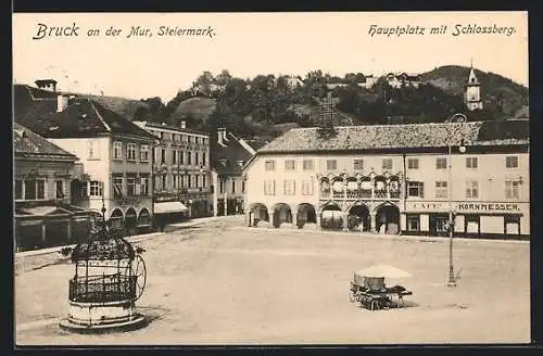 AK Bruck an der Mur, Hauptplatz mit dem Schlossberg und Café Kornmesser