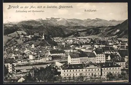 AK Bruck an der Mur, Ortsansicht mit Schlossberg und Restauration sowie Rudolfspital