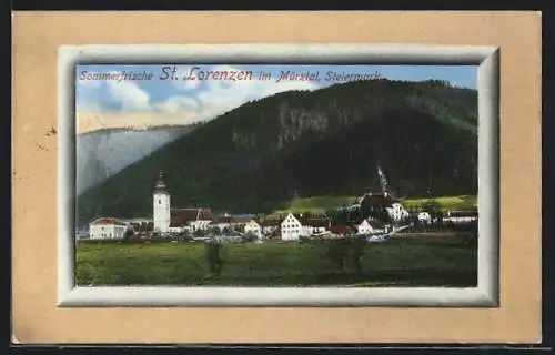 AK St. Lorenzen im Mürztal, Ortspartie mit Kirche
