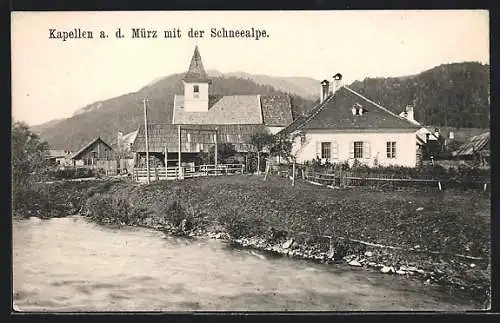 AK Kapellen a. d. Mürz, Blick vom Ufer zur Kirche mit der Schneealpe