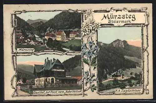 AK Mürzsteg, Jagdschloss, Gasthof zur Post, Panorama