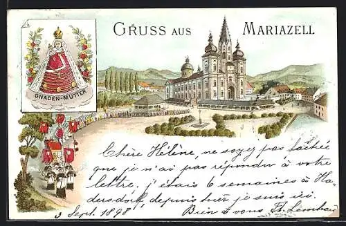 Lithographie Mariazell, Wallfahrtskirche mit Prozession und Gnaden-Mutter