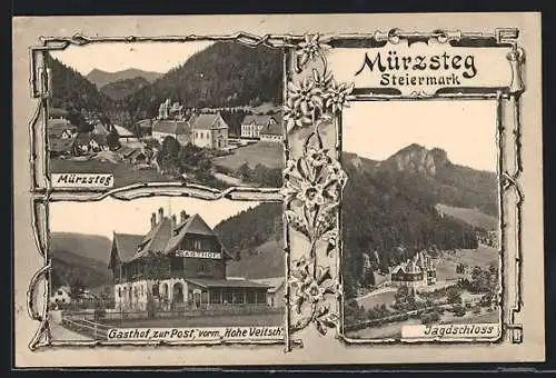 AK Mürzsteg, Jagdschloss, Gasthof zur Post, Panorama