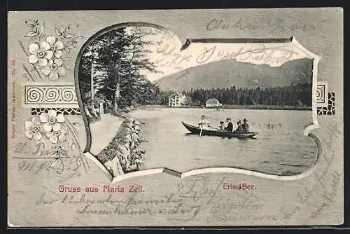 AK Maria-Zell, Erlauf-See mit Boot, Passepartout