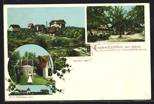 AK Graz, Heilanstalt und Gasthaus Jassnitzhöhe, Garten, Ortspartie