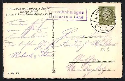 AK Landpoststempel Vierzehnheiligen, Lichtenfels Land