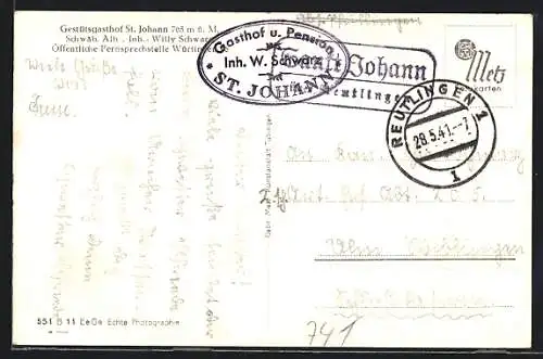 AK Landpoststempel Sankt Johann über Reutlingen