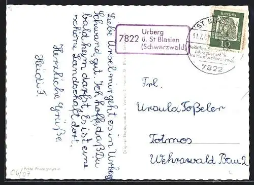 AK Landpoststempel 7822 Urberg ü. St. Blasien (Schwarzwald)