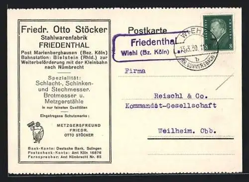 AK Landpoststempel Friedenthal, Wiehl (Bz. Köln) Land