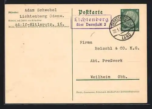 AK Landpoststempel Lichtenberg über Darmstadt 2