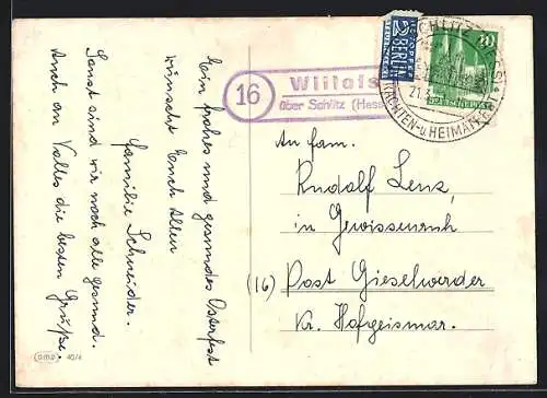 AK Landpoststempel Willofs über Schlitz (Hess.)