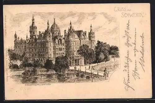 Künstler-AK Schwerin / Meckl., Grossherzogliches Schloss mit Brücke
