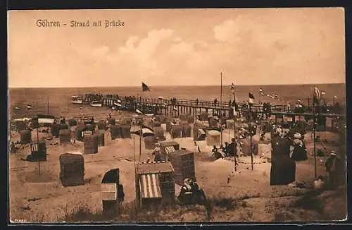 AK Göhren / Rügen, Strand mit Brücke