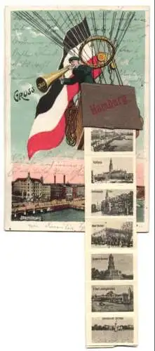Leporello-AK Hamburg, Ansichten im Korb des Ballons, Hauptbahnhof, Rathaus, Alster Pavillon, Uhlenhorster Fährhaus