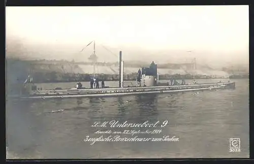 AK S. M. Unterseeboot 9, Kommandant Kapitänleutnant Weddigen vernichtete die englischen Panzerkreuzer Aboukir u. Hogue