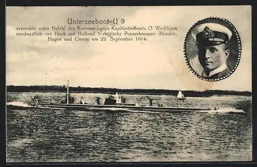 AK Unterseebot U9 an der Wasseroberfläche, Kapitänleutnant Otto Weddigen