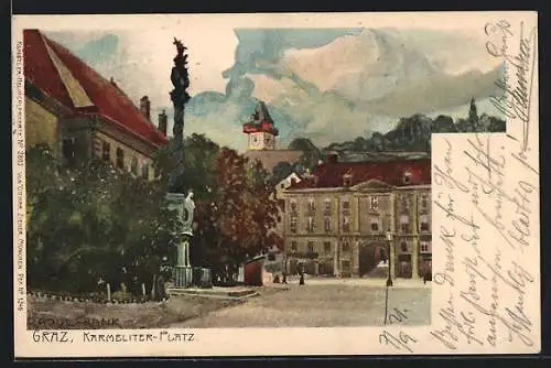 Künstler-Lithographie Raoul Frank: Graz, Karmeliter Platz mit Säule