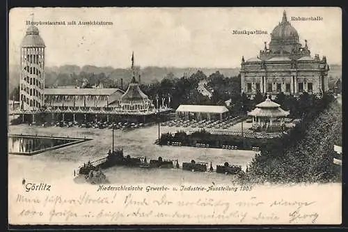 AK Görlitz, Niederschlesische Gewerbe- und Industrie-Ausstellung 1905, Hauptrestaurant mit Musikpavillon