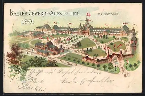 Lithographie Basel, Baseler Gewerbe-Ausstellung 1901, Blick auf das Ausstellungsgelände