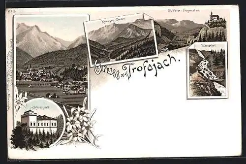 Lithographie Trofajach, Ortsansicht, Schloss Mell, Krumpen Graben, St. Peter-Freyenstein, Wasserfall