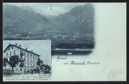 Mondschein-AK Stainach /Obersteier, Bahnhof-Hotel, Ortsansicht gegen die Berge bei Vollmond