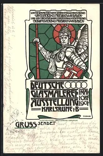 AK Karlsruhe i. B., Deutsche Glasmalerei-Ausstellung 1901, Der Grossherzog Friedrich von Baden als Engelsritter