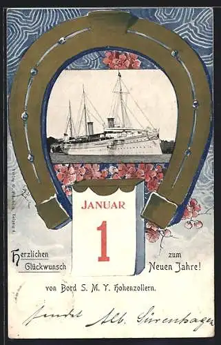 AK Kriegsschiff SMY Hohenzollern, Neujahrskarte, Passepartout mit Hufeisen