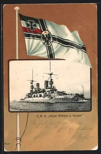 AK Kriegsschiff SMS Kaiser Wilhelm der Grosse bei leichter Fahrt, Reichskriegsflagge darüber