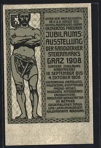 AK Graz, Jubiläums-Ausstellung der Handwerker Steiermarks 1908, stilisierter Arbeiter mit Hammer am Lendenschurz