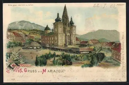 Lithographie Mariazell, Wallfahrtskirche, Gnadenbild im Himmel, Halt gegen das Licht