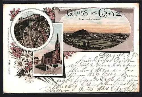 Vorläufer-Lithographie Graz, 1895, Schlossbergbahn, Herz-Jesu-Kirche, Ortsansicht vom Rainerkogel