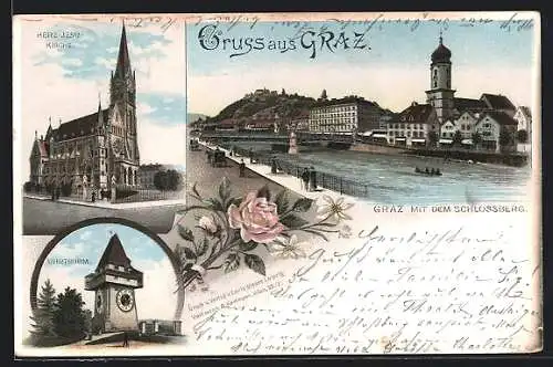 Vorläufer-Lithographie Graz, 1895, Teilansicht mit dem Schlossberg, Herz Jesu-Kirche, Uhrturm