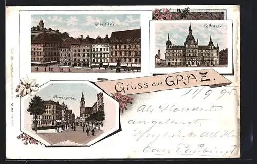 Vorläufer-Lithographie Graz, 1895, Herrengasse, Hauptplatz und Rathaus