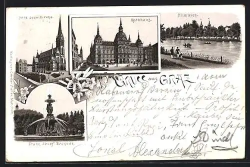 Vorläufer-Lithographie Graz, 1894, Franz Josef-Brunnen, Rathaus, Herz Jesu Kirche