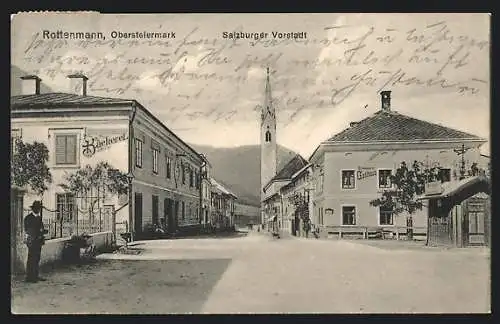 AK Rottenmann, Strassenpartie in der Salzburger Vorstadt mit Gasthaus Strasser