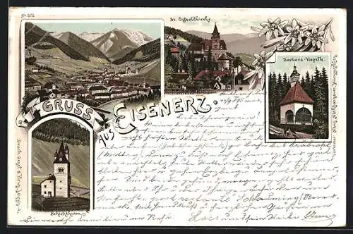 Vorläufer-AK Eisenerz, 1895, St. Oswaldkirche, Barbara-Kapelle, Schichturm