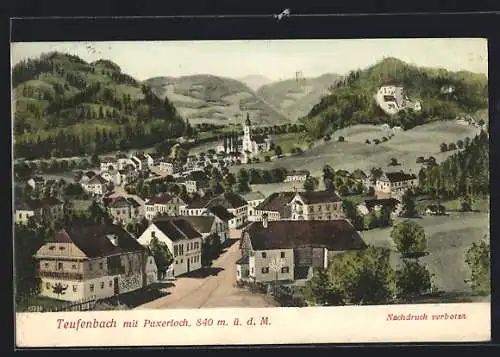 AK Teufenbach, Ortsansicht mit Kirche & Puxerloch aus der Vogelschau