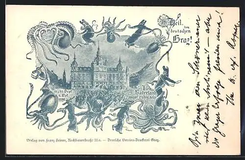 AK Graz, Kraken halten Geistliche in ihren Fangarmen, Heil dem deutschen Graz 1898