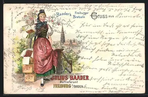 Lithographie Freiburg i. Baden, Kirche, Frau mit Baader`s Freiburger Bretzeln, Reklame