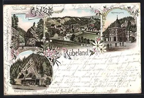 Lithographie Rübeland, Panorama, Höhlenmuseum, Felsen m. Bären & Hermannshöhle
