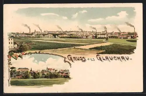 Lithographie Glauchau, Teilansicht, Ortspartie