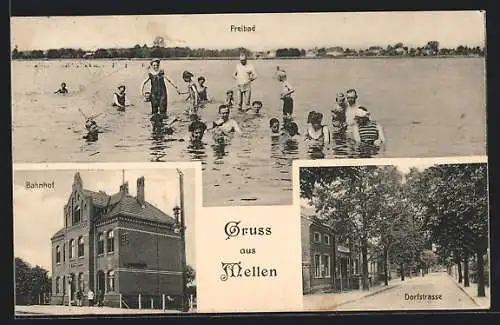 AK Mellen / Zossen, Bahnhof, Dorfstrasse, Gäste im Freibad