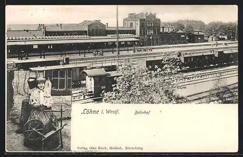 AK Löhne i. Westf., Am Bahnhof, Frau in Tracht
