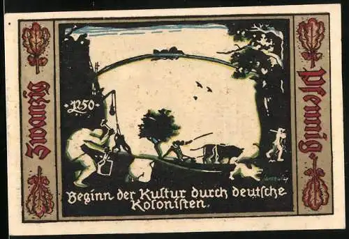 Notgeld Fürstenwalde Spree 1921, 20 Pfennig, Kolonisten errichten Kultur