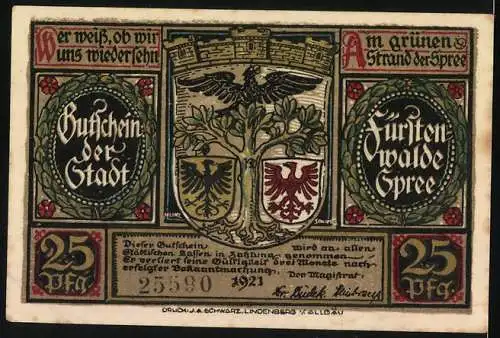 Notgeld Fürstenwalde Spree 1921, 25 Pfennig, Kasier Karl IV fällt in die Mark ein