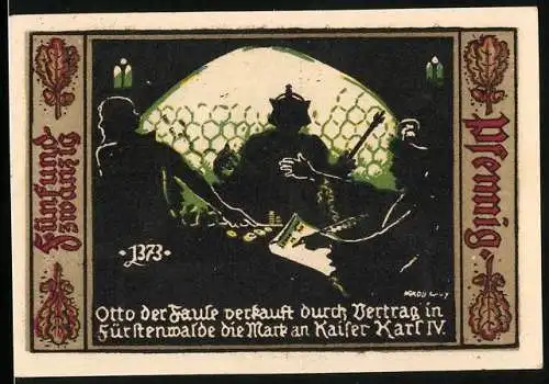 Notgeld Fürstenwalde Spree 1921, 25 Pfennig, Otto der Faule verkauft Fürstenwalde an Kaiser Karl IV