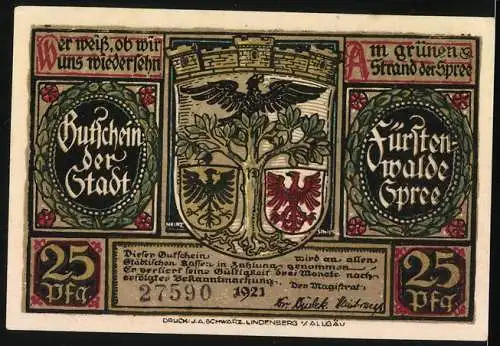 Notgeld Fürstenwalde Spree 1921, 25 Pfennig, Fürstenwalde huldigt dem Sohn des Kaisers